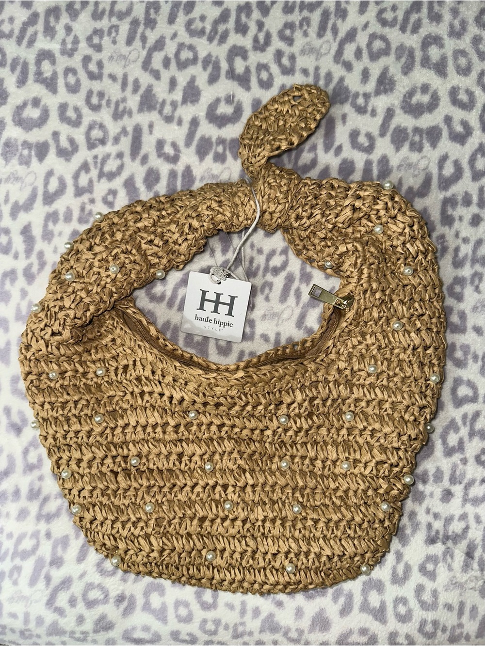 Haute Hippie Natural Straw Shoulder Bag with Pearl Accents